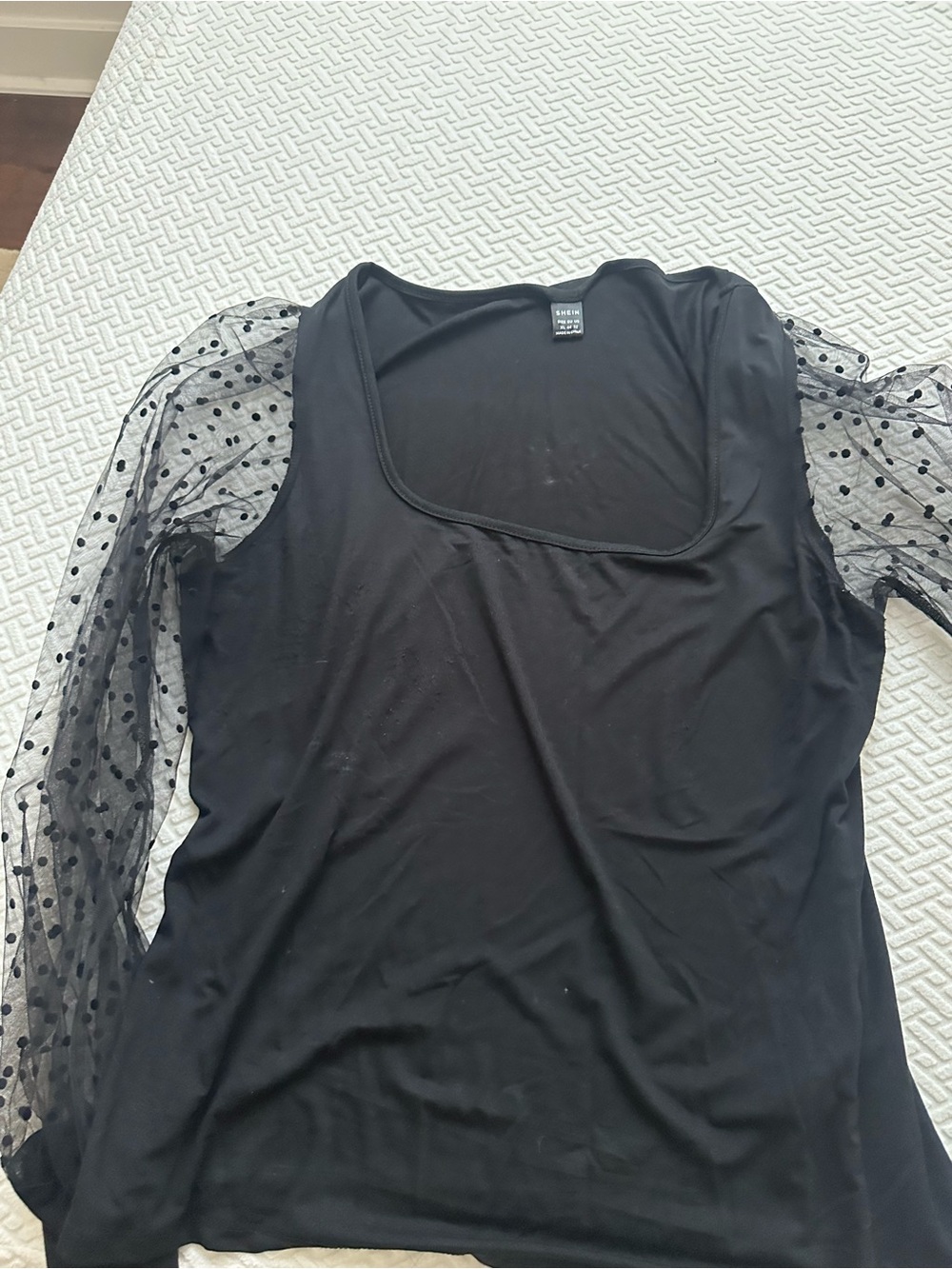 SHEIN Black Scoop Neck Top with Sheer Polka Dot Long Sleeves